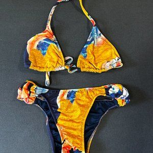 Fun Bright Yellow and Blue Floral Tropical Leaves Bikini Swim Suit from Brazil